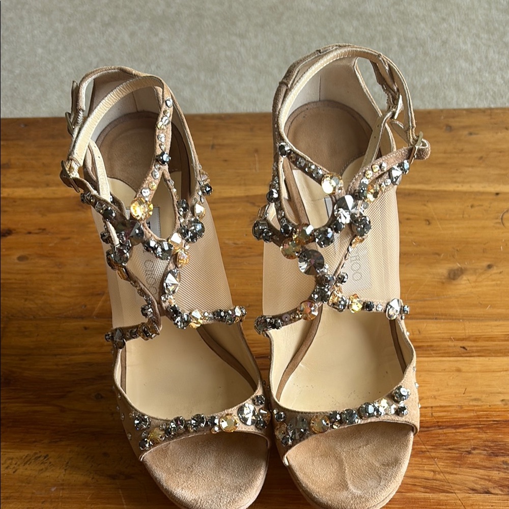 Jimmy Choo Tan Crystal Embellished Heels
